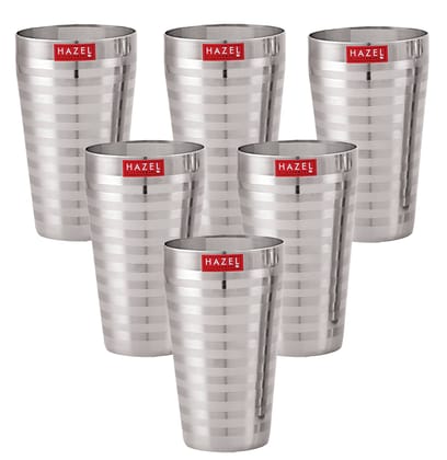 HAZEL Stainless Steel Jumbo Lassi Glass , 750 ml Each Water Glasses with Stripped Designed Traditional Shape , Glass Set with Silver Finish I Serves Lassi, Lemonade, Water, Juice, Set of 6 HAZEL Stainless Steel Jumbo Lassi Glass , 750 ml Each Water Glasses with Stripped Designed Traditional Shape , Glass Set with Silver Finish I Serves Lassi, Lemonade, Water, Juice, Set of 6