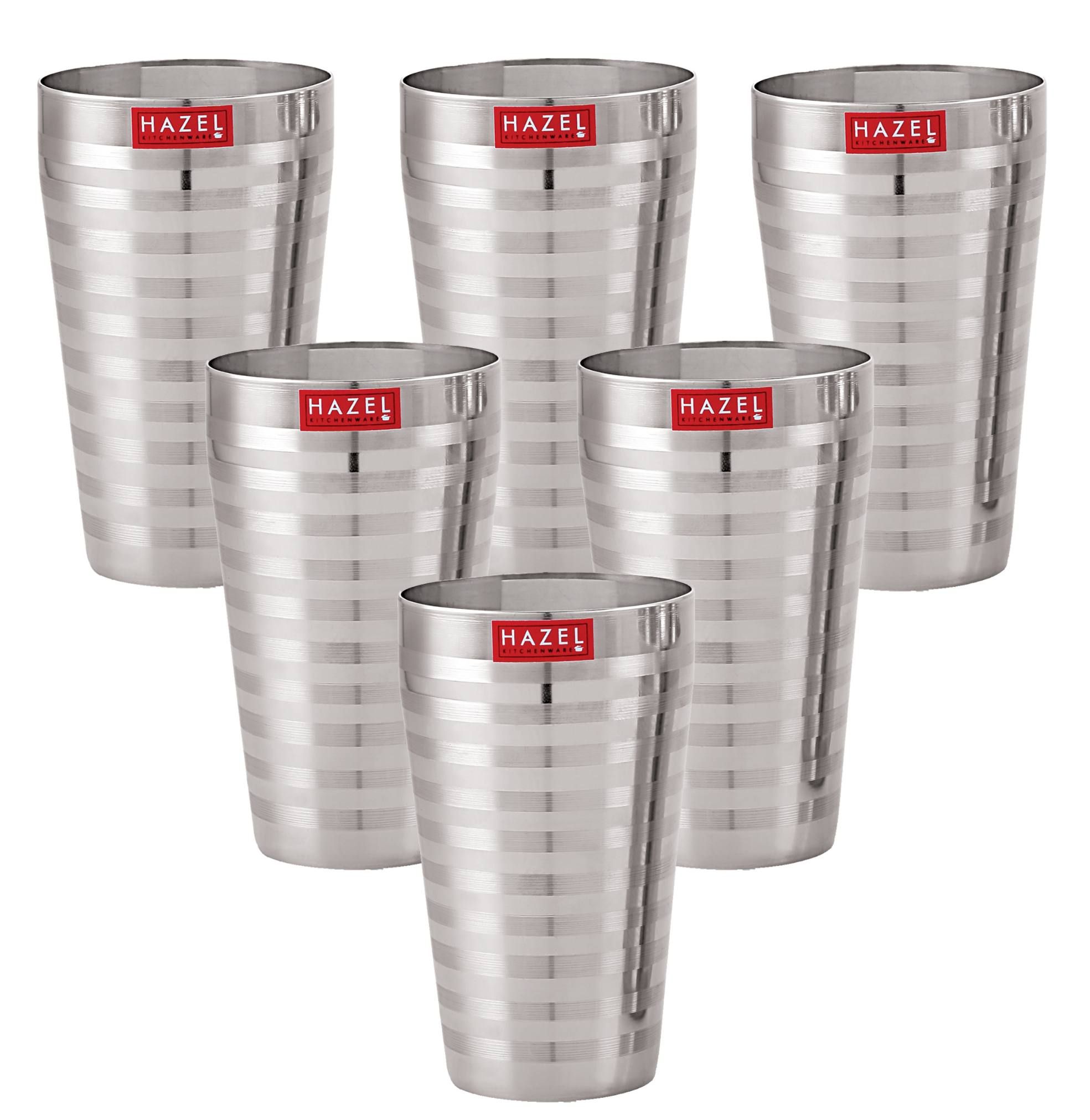 HAZEL Stainless Steel Jumbo Lassi Glass , 750 ml Each Water Glasses with Stripped Designed Traditional Shape , Glass Set with Silver Finish I Serves Lassi, Lemonade, Water, Juice, Set of 6