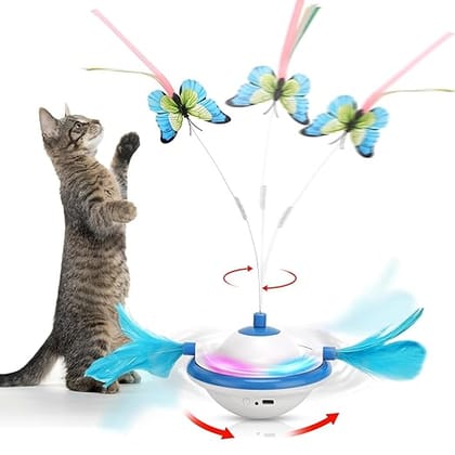 BlingPets Interactive for Indoor Cats, 3 in 1 Moving Cat Toys with Butterfly, Feather, LED Light (Blue)