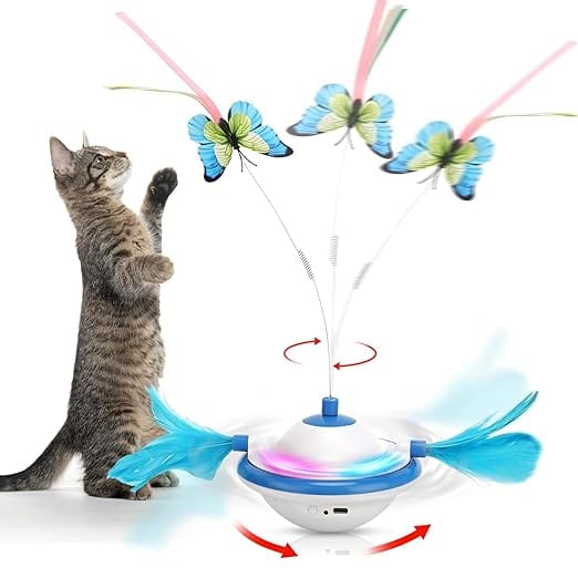 BlingPets Interactive for Indoor Cats, 3 in 1 Moving Cat Toys with Butterfly, Feather, LED Light (Blue)
