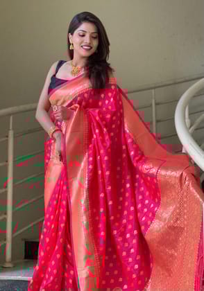 Rich Pink Pure Zari Golden Weaving Banarasi Slik Saree