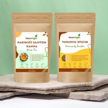 Indian Immunity Booster Green Tea Combo | Kashmiri Saffron Kahwa (100g), Turmeric Spiced Green Tea-100g + 100g