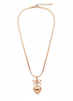 GemGleam - Rose Gold Heart Pendant Necklace for Women and Girls, Bow Design Charm with Chain, Elegant Minimal Jewelry Gift for Birthday Anniversary