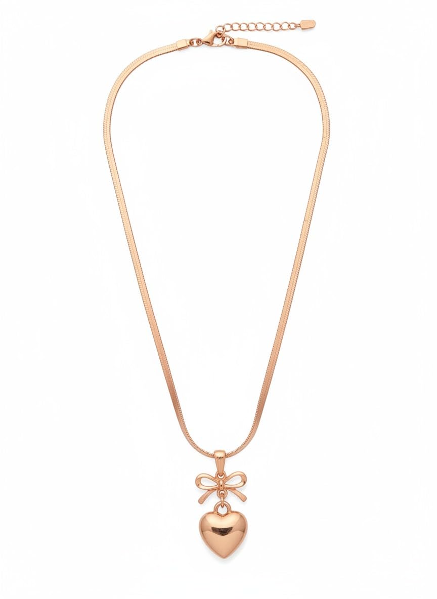 GemGleam - Rose Gold Heart Pendant Necklace for Women and Girls, Bow Design Charm with Chain, Elegant Minimal Jewelry Gift for Birthday Anniversary