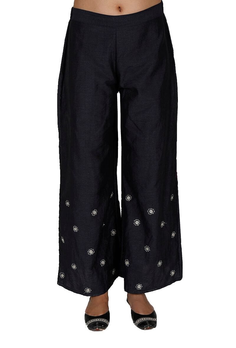 Navy Blue Aari Zari Embroidery Dupion Silk Palazzo-XXL