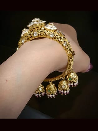 Single pink and green enamel work kundan flower pacheli type five jhoomki hanging openable kada-2'4