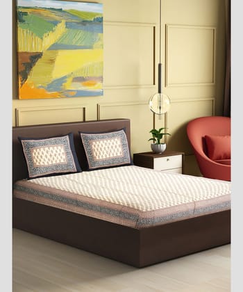 Bedsheet With Pillow Cover Block Print Brown Flower W Black Thick Border 90*108