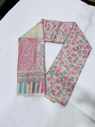 TULIP Traditional Artisians' Upliftment Livelihood Program Floral Pashmina Shawl, Pink and Turquoise Pattern, Striped Border, Cream Base TULIP Traditional Artisians' Upliftment Livelihood Program Floral Pashmina Shawl, Pink and Turquoise Pattern, Striped Border, Cream Base