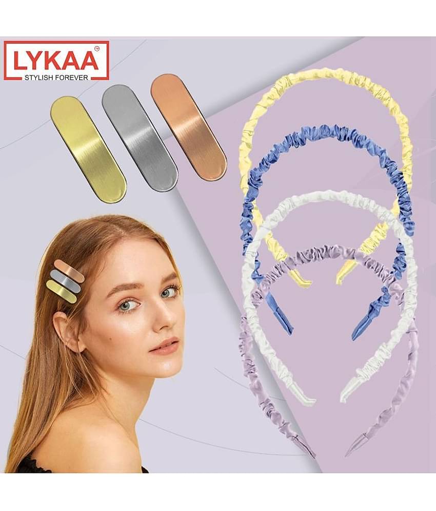 Lykaa Satin Hair Band With Tic Tac Non-Slip Metal Trendy Hair Clip Shimmer Metal for Girls - 7 Pcs