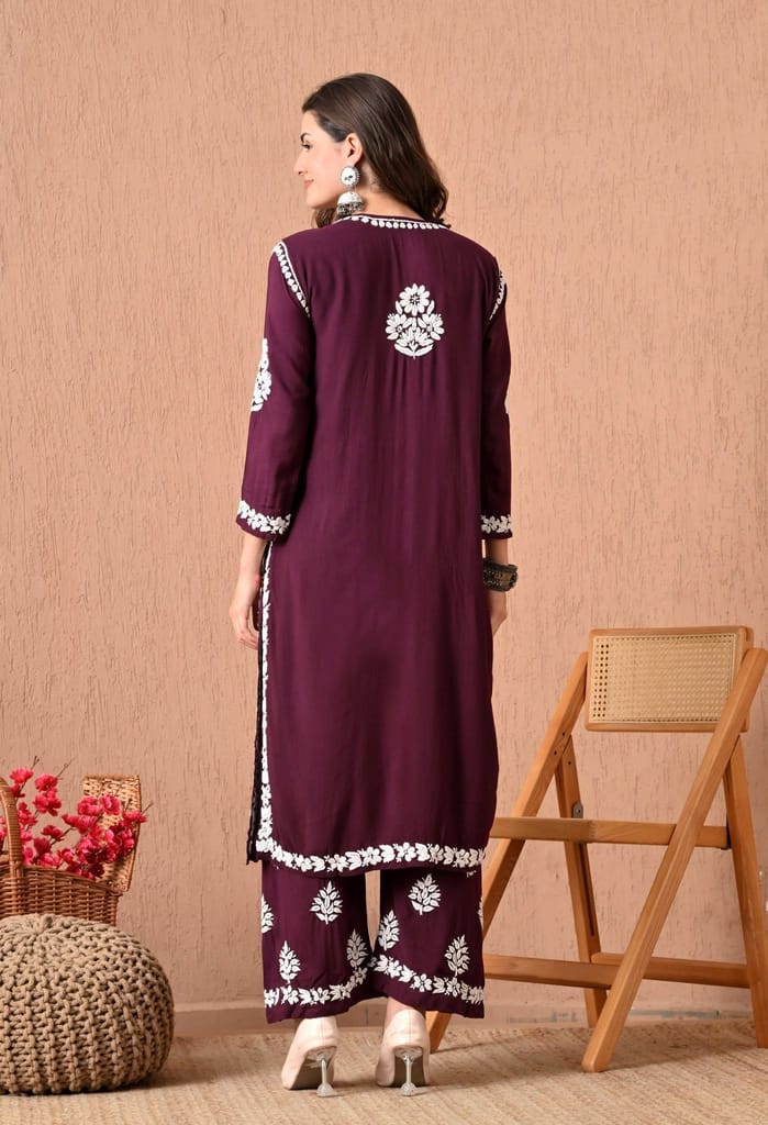 Hand Embroidered Chikankari Plazo Set 3d Work- Wine