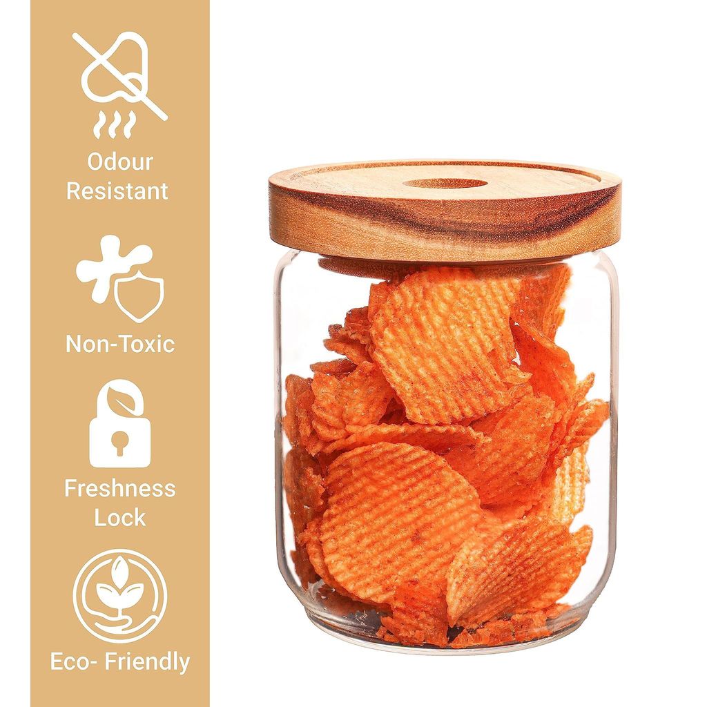 Femora Borosilicate Glass Jar with Bamboo Lid Air-Tight Jar, 450 ML, 2pcs,