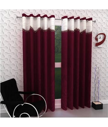 Panipat Textile Hub Floral Semi-Transparent Eyelet Door Curtain 7 ft Pack of 2 -Maroon
