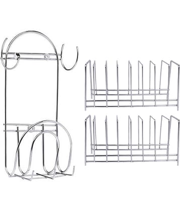 JISUN Stainless Steel Plate Stand / Dish Rack Steel (Pack of 2) & Chakla Belan Stand With Hook For Kitchen