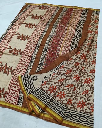 Whispering Petals Kalamkari Chanderi Silk Fuzzy Beige Saree