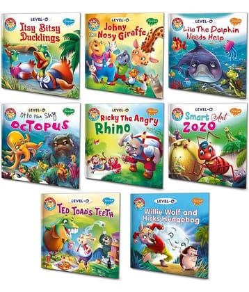 Itsy Bitsy Duckling, Johny The Nosy Giraffe, Lila The Dolphin Needs Help, Otto The Shy Octopus, Ricky The Angry Rhino, Smart Ant Zozo, Ted Toads Teeth, Willie Wolf And Hicks Hedgehog | Set Of 8 0-Level Story Books