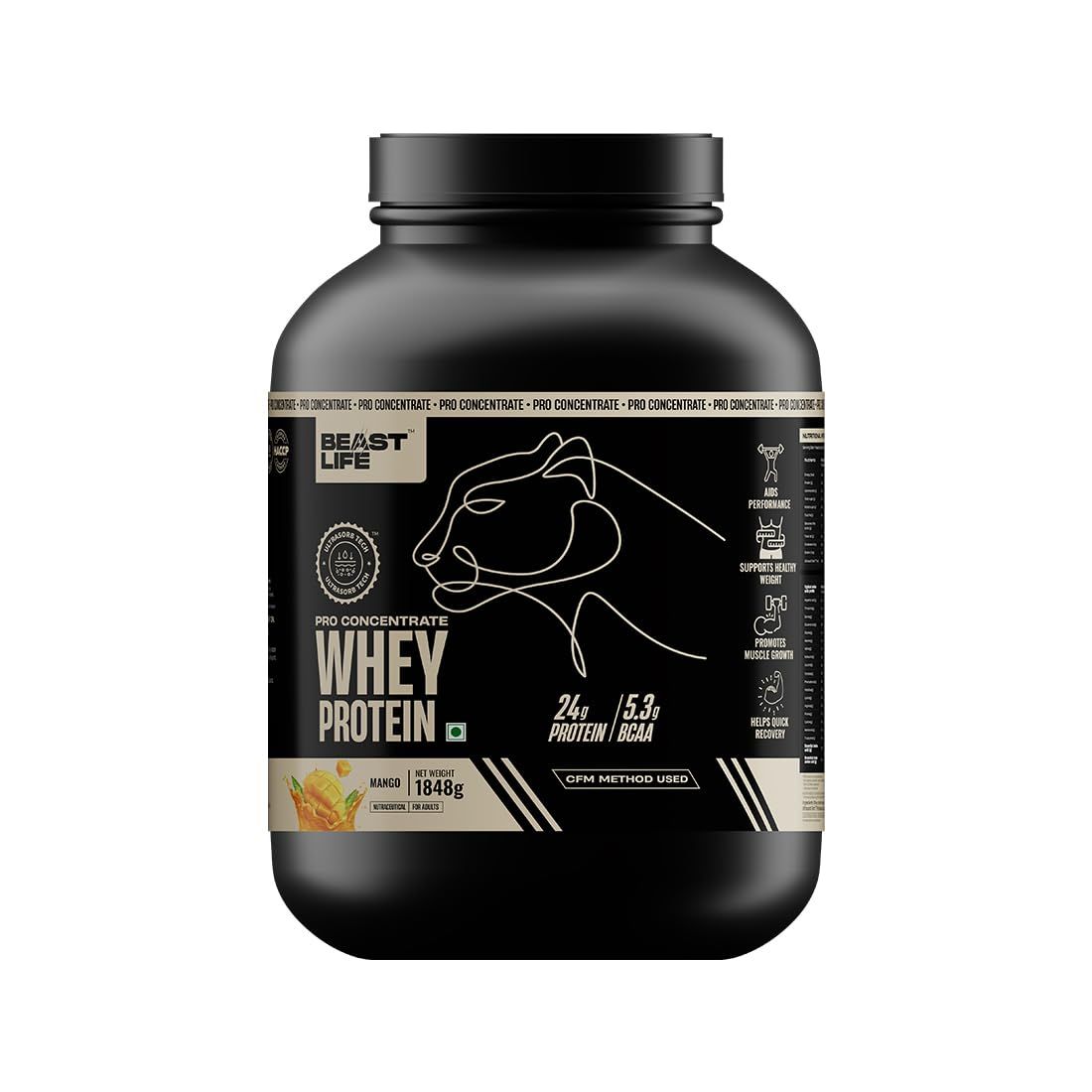 BeastLife Pro Whey Protein Mango flavour| 1848g| 24g Protein per scoop 5.3g BCAA | Premium Sports Nutrition | High Absorbtion Fuels Muscle| Speed Recovery for Men & Women (1848g, Mango)
