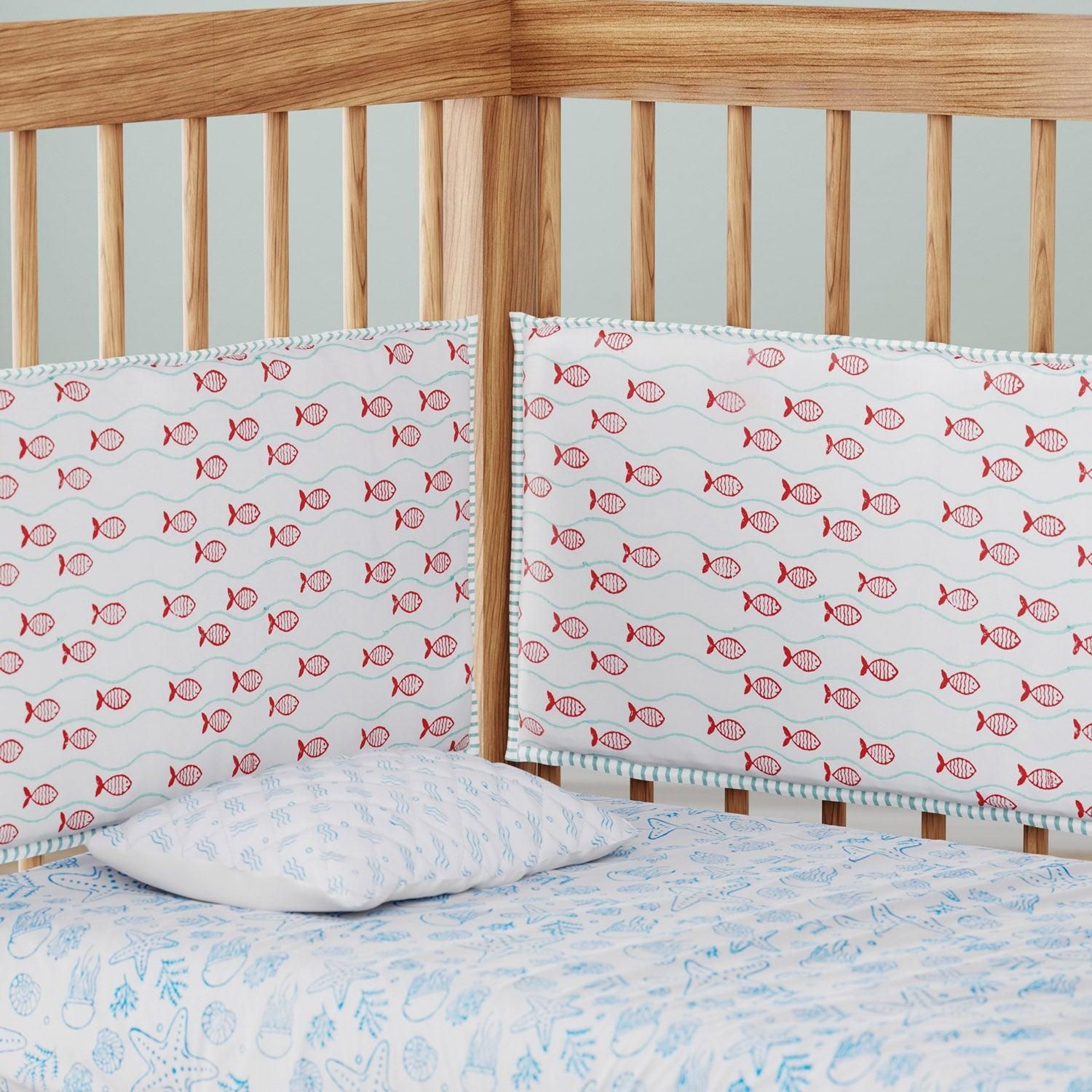 Hand Block Printed Crib Bumper-Blue/White / 200 TC Cotton / 11.5 x 27