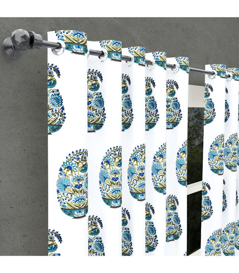 Ethnic Padma Block Print Curtains  Jaipuri Kairi Floral Design in Green / 100% Cotton ( 5 Feet )