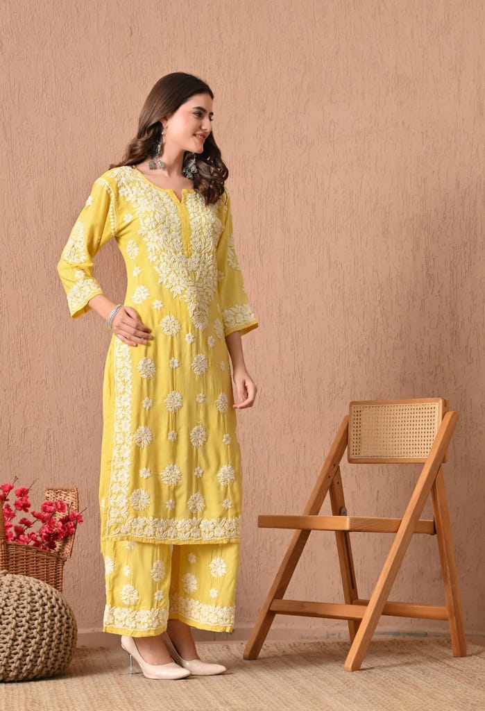 Hand Embroidered Chikankari Plazo Set 3d Work- Yellow