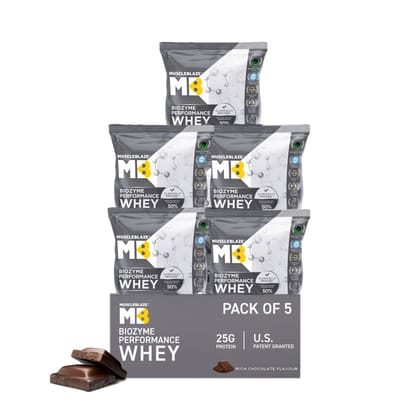 MuscleBlaze Biozyme Performance Whey Protein (5 x 36 g, Rich Chocolate), Single Serve Sachets