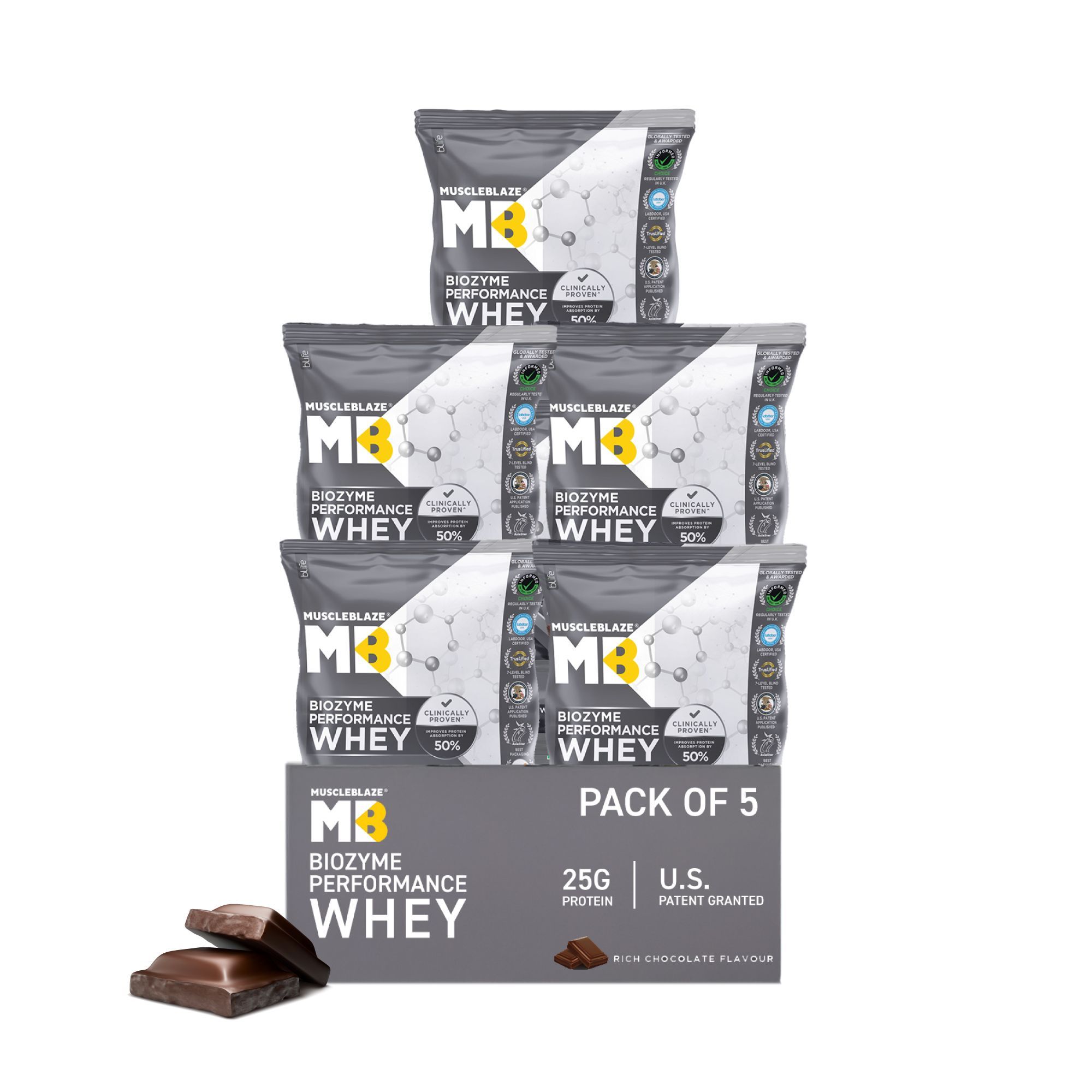 MuscleBlaze Biozyme Performance Whey Protein (5 x 36 g, Rich Chocolate), Single Serve Sachets