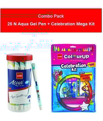 Combo of Cello Aqua Gel pens (Pack of 25) and Cello ColourUp Celebration Mega Kit | Colouring kit | Gel pens for students | Kids gifting kit