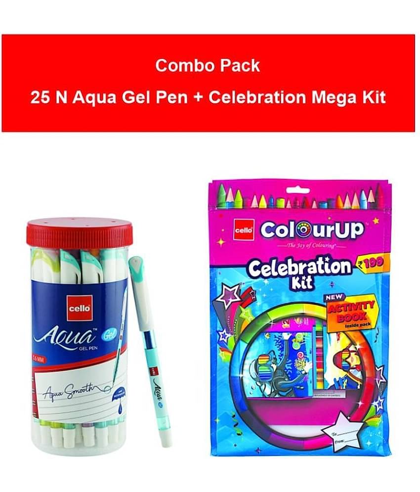 Combo of Cello Aqua Gel pens (Pack of 25) and Cello ColourUp Celebration Mega Kit | Colouring kit | Gel pens for students | Kids gifting kit
