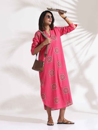 trueBrowns Pink Cotton Print A-line Dress - Pink  (XS)