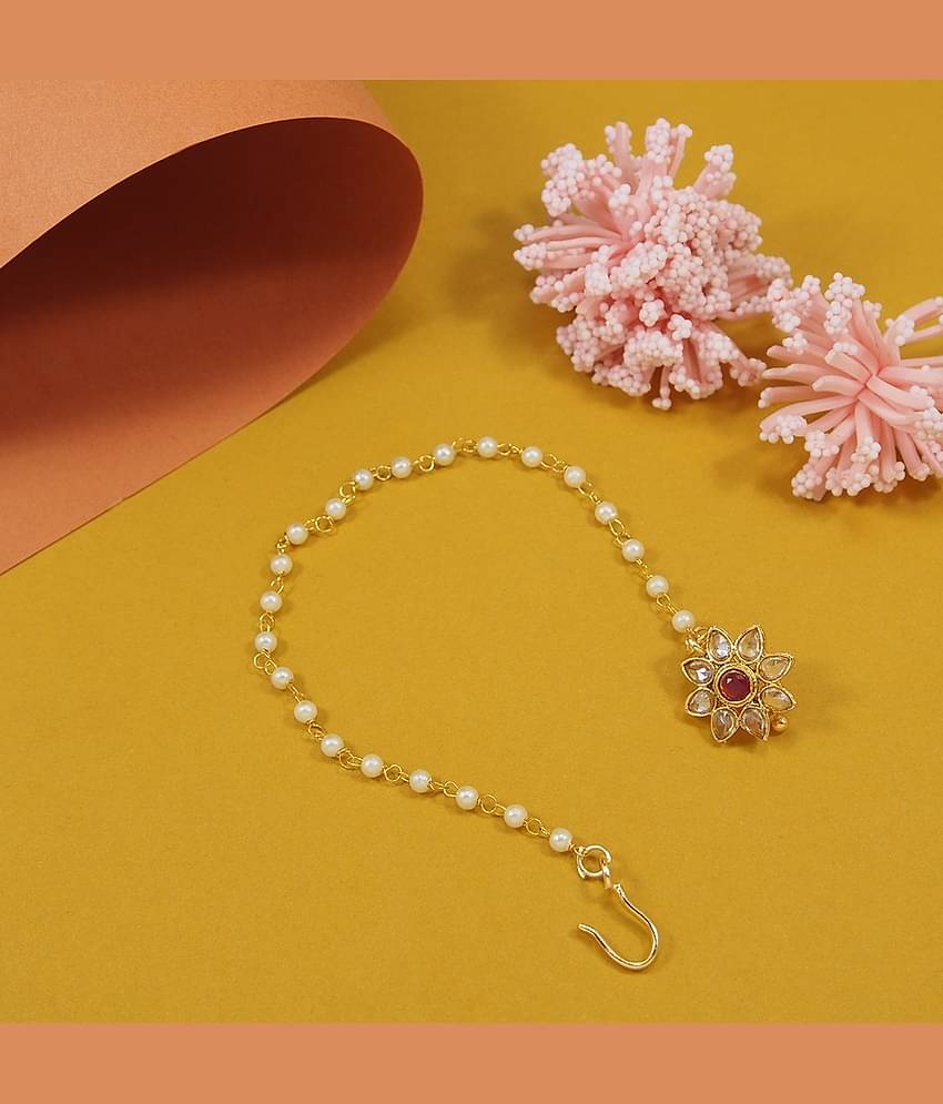 Kundan Studded Gold Plated Non Pierced Nose Ring with Pearl Chain