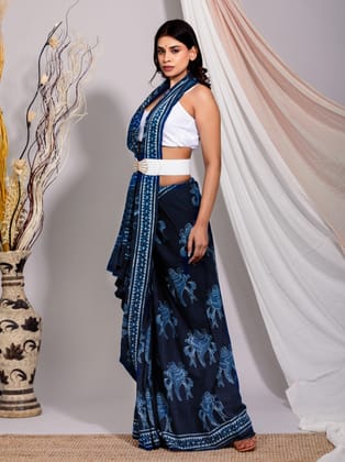 Indigo Conch Motif Cotton Mulmul Saree
