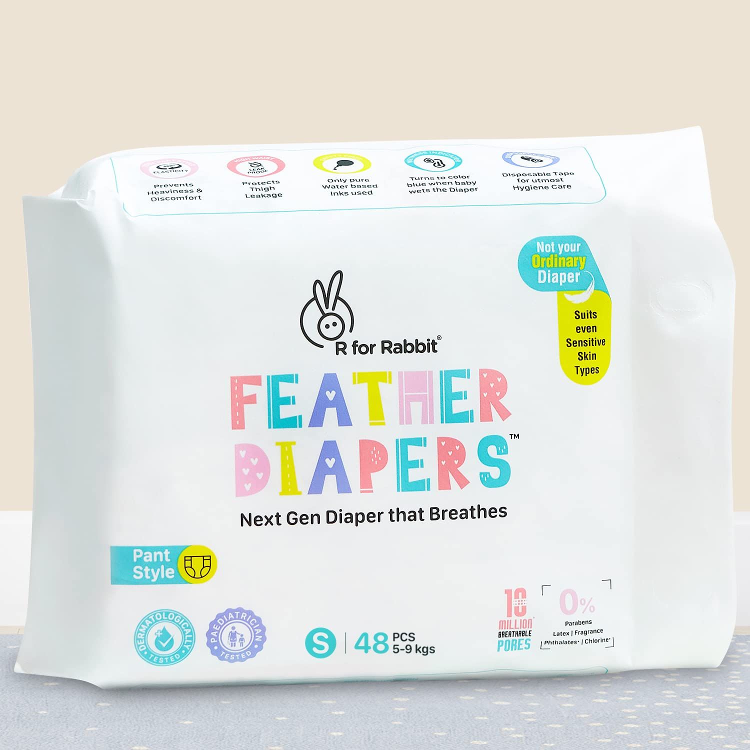 R for Rabbit Small S Size Premium Feather Diaper for Baby 5 to 9 kgs (48 Pack Offer) R for Rabbit Small S Size Premium Feather Diaper for Baby 5 to 9 kgs (48 Pack Offer) - White / S Size -48 Pack