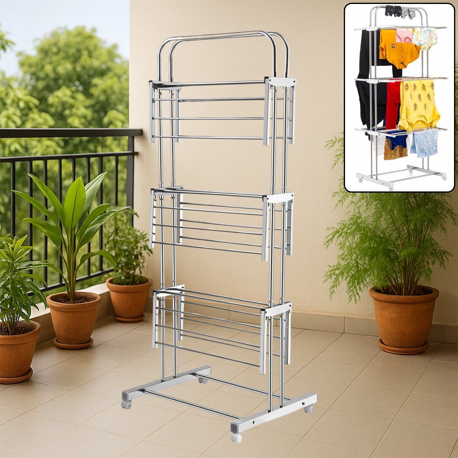 3 Layer Foldable Stainless Steel Cloth Drying Stand with Wheels_assorted colour