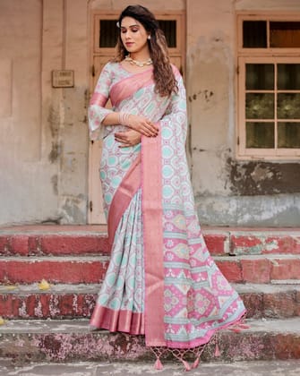 Pastel Pink and Mint Green Geometric Tussar Silk Saree with Zari Paisley Border-Regular