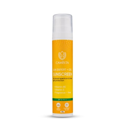 Camista Sun Expert + Gel Sunscreen SPF 50 PA+++ with Vitamin B5 & Vitamin E | For Dry, Sensitive, Oily & Combination Skin | UVA/B & Blue Light Protection | Fragrance-Free | For Men & Women