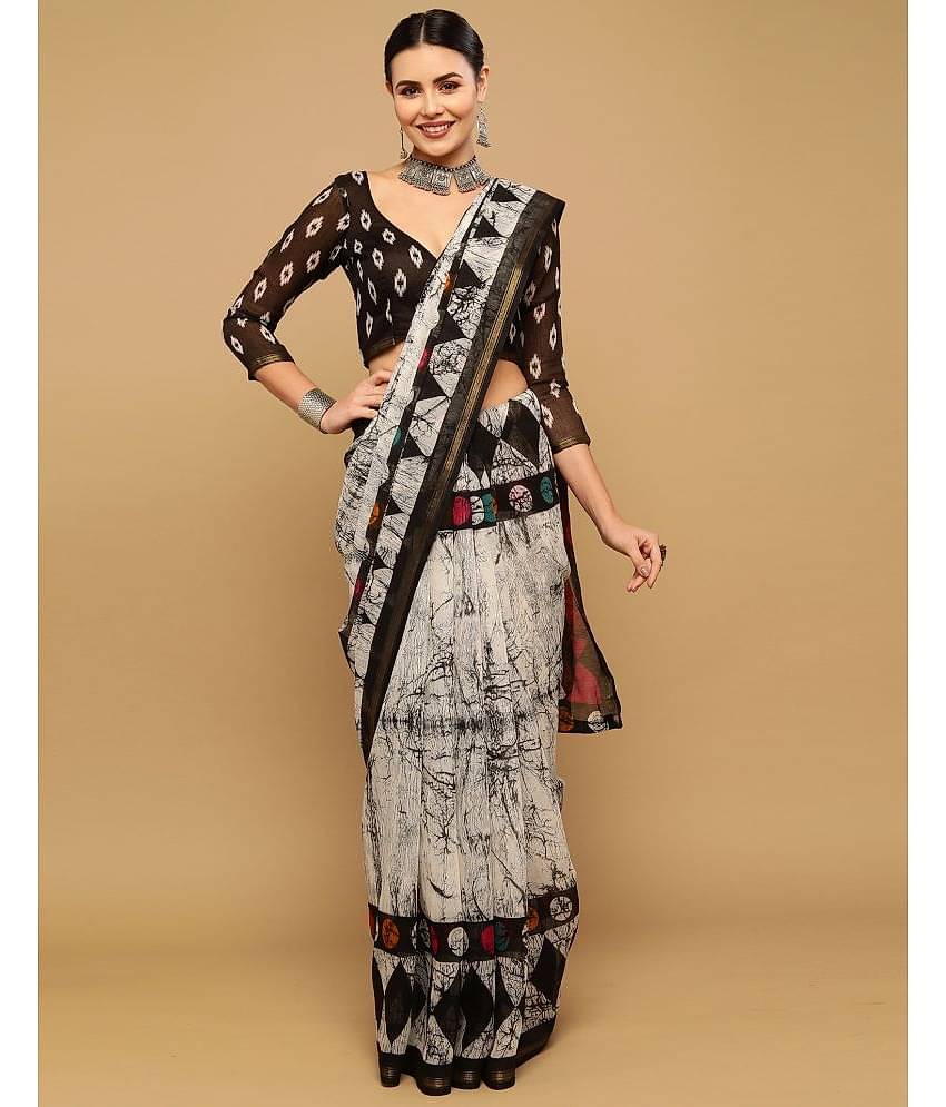 Samah Cotton Printed Saree With Unstitched Blouse Piece ( White )