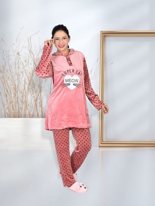 Imported Winter Nightsuite Heavy Stuff Dress for Girls(Pink)-L