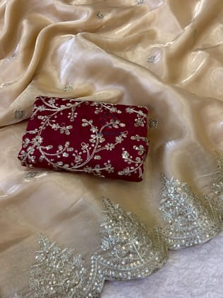 New Partywear Partywear Jimmy Chu Fabric Sequence n Embroidered Fancy Designer Saree With Unstitched Blouse-Golden