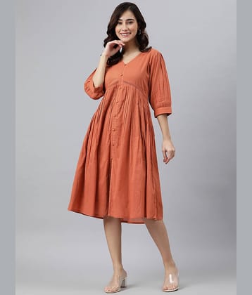 Janasya Women Cotton Fit & Flare Dress ( Orange )