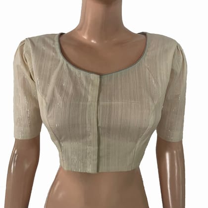Zari Striped Shimmer Roundneck Blouse with Puff Sleeves and Lining, Off white , BH1334-S