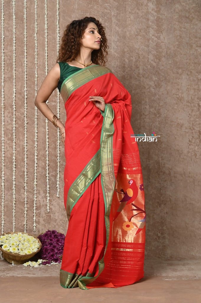 Tyohaar ~Handloom Pure Cotton Paithani Saree with Traditional Parrot Pallu ~ Bright Red - Sarees | Buy online on ZillyBuy