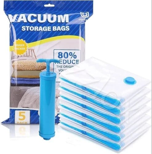 Vacuum Storage Bags for Clothes with Hand Pump  5-Pack Space Saver Bags for Travel & Home  Self-Compression Organizer for Blankets, Comforters, Jackets & Sweaters