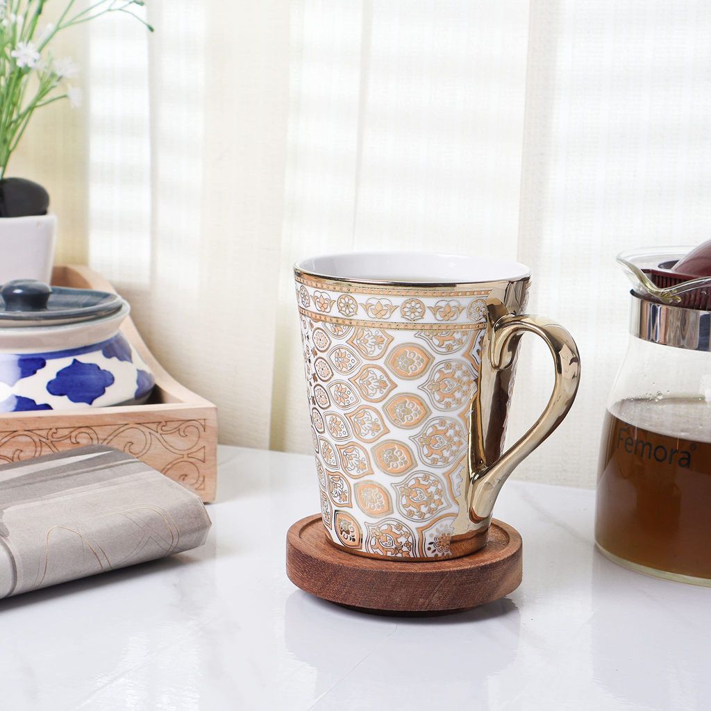 Femora Indian Floral Medallion Fine Bone China Golden Coffee Mugs, Tea Mugs, Ceramic Tea Cups (330 ml, Golden) - 1 Pcs Set