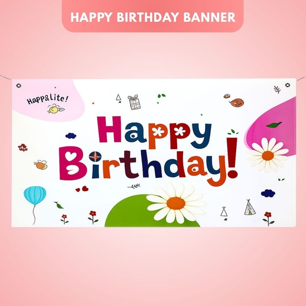 Floral Theme White Happy Birthday Banner for Wall Decor -  4FT X 2FT - 1PC - Flowers | Buy online on ZillyBuy