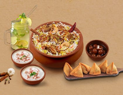 1 KG Royal Chicken Matka Biryani + Dessert + Starter + Drink