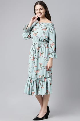 Blue Crepe Floral Print Off-Shoulder Midi Dress VD1079 Blue Crepe Floral Print Off-Shoulder Midi Dress VD1079