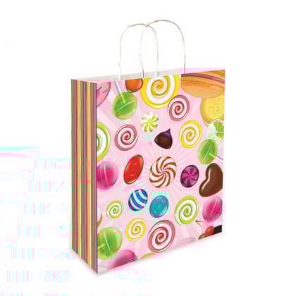 90 GSM Candy Printed Paper Gift Bags, Ideal for Birthday Return Gifts, Wedding Gifts, & Gifting on Special Occasions (Size: 11.4 x 9.4 x 4.7 inch) -  12