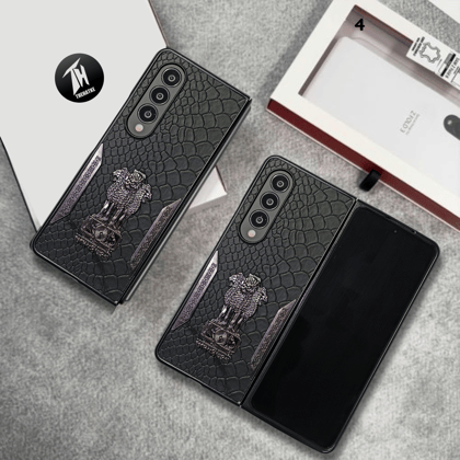 Black (Pattern 4) Satyameva Jayate embossed Leather Case for Samsung Galaxy Z Fold 4