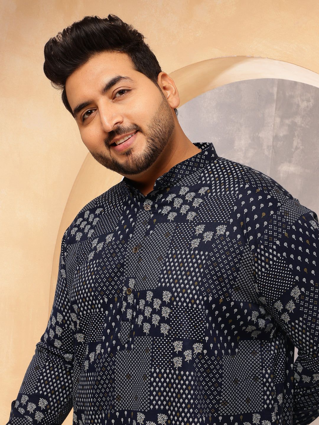 Men's Cotton Blend Sanganeri Printed Navy Blue Long Kurta-46