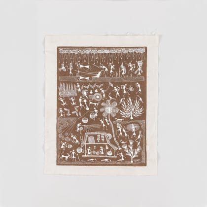 Warli Painting Village Scene - 15x18 Unframed-Brown / White / Cotton / Dhakat