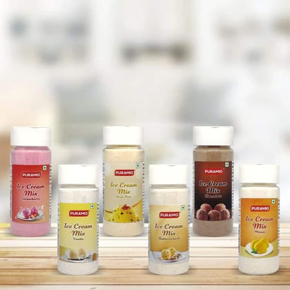 Puramio Icecream Mix, (Vanilla, Chocolate, Strawberry, Mango, Kesar Pista, Butterscotch), 100 gm Each - Pack of 6 Puramio Icecream Mix, (Vanilla, Chocolate, Strawberry, Mango, Kesar Pista, Butterscotch), 100 gm Each - Pack of 6